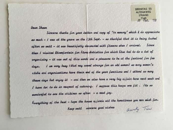 LOVELY LETTER FROM FORMER PRESIDENT WIFE MRS TINI VORSTER - 1988