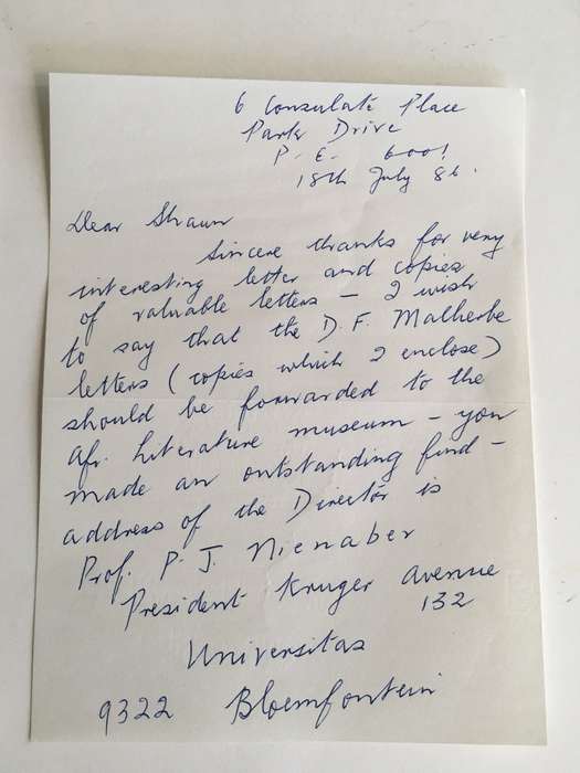 LOVELY LETTER FROM FORMER PRESIDENT WIFE MRS TINI VORSTER - 1986