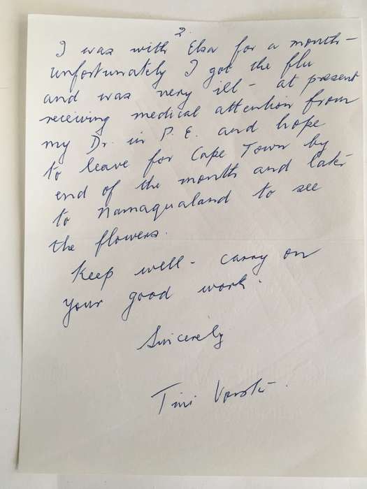 LOVELY LETTER FROM FORMER PRESIDENT WIFE MRS TINI VORSTER - 1986