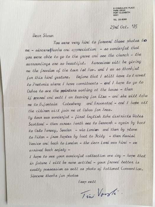 LETTER FROM FORMER PRESIDENT  WIFE MRS TINI VORSTER - 1985