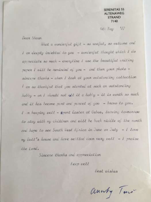LETTER FROM FORMER PRESIDENT  WIFE MRS TINI VORSTER - 1987