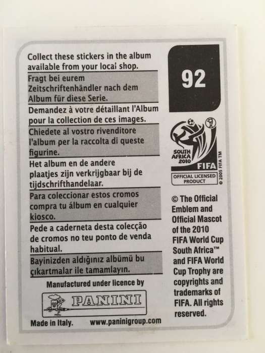 SOCCER PANNINI STICKER NO. 92