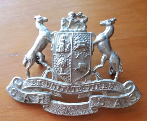 SA RAILWAYS WHITE METAL CAP BADGE - LUGS INTACT