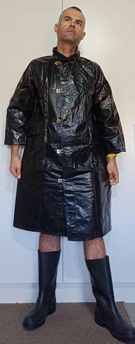 Vintage 1975 shiny black raincoat with metal clasp closure
