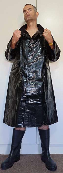 Vintage 1976 shiny black PVC raincoat