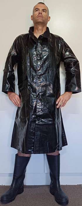 Vintage 1976 shiny black PVC raincoat
