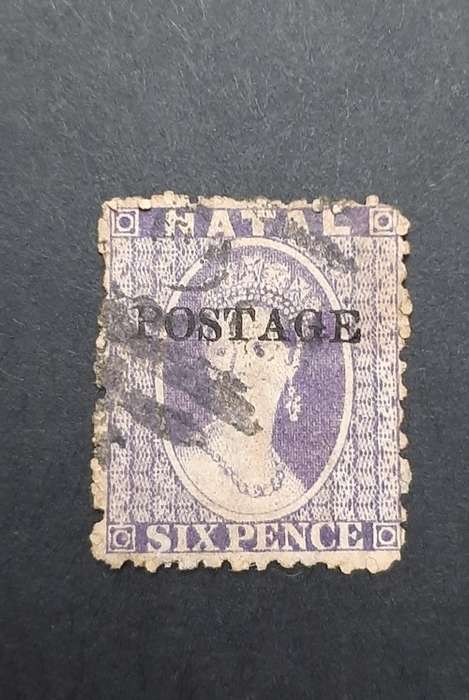 ** 1875 QV Natal Violet Postage Overprint Six Pence Stamp (Used).**