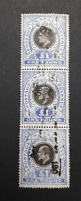 ** 1902 KEVII Natal £1 Black/Blue Postage Revenue Triptych Stamps (x3). [ Used ]**