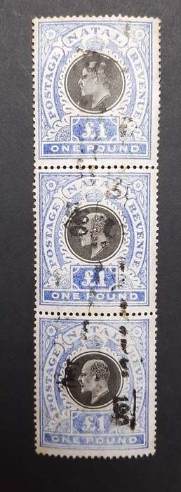 ** 1902 KEVII Natal £1 Black/Blue Postage Revenue Triptych Stamps (x3). [ Used ]**
