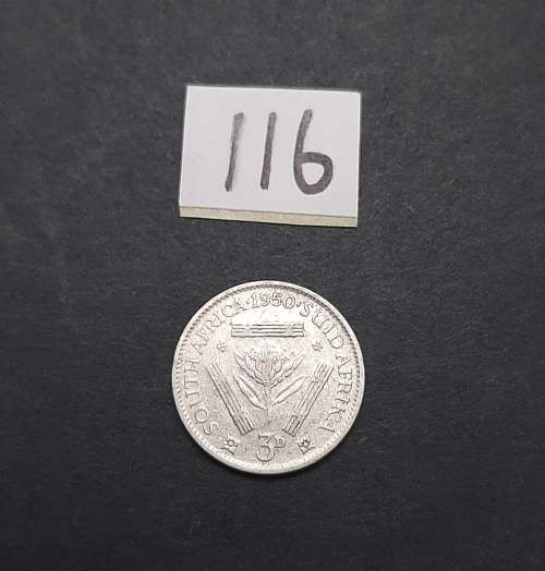 ** 1950 South Africa Silver 3 Pence Coin #116  (VF).**