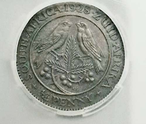 ** SANGS Slabbed : 1928 South Africa ¼ Penny Coin (AU58).**