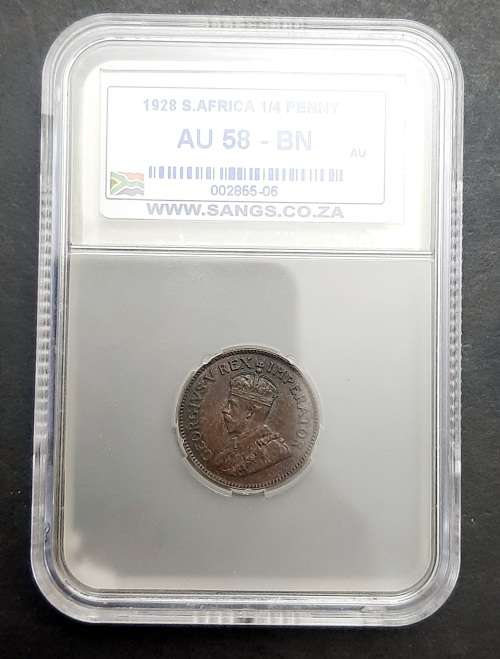 ** SANGS Slabbed : 1928 South Africa ¼ Penny Coin (AU58).**
