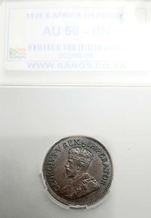 ** SANGS Slabbed : 1928 South Africa ¼ Penny Coin (AU58).**