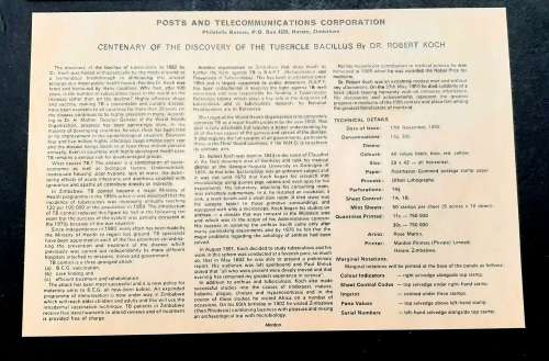 ** 1982 Zimbabwe Discovery of Tubercle FDC w/ Insert Card (UNUSED).**