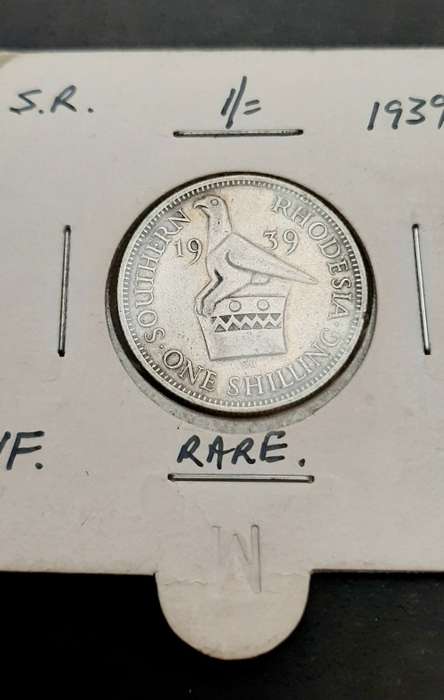 ** RARE : .925 Silver Southern Rhodesia 1939  1 Shilling Coin (VF).**