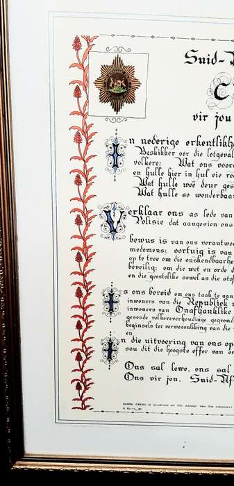 1981 South African Police (S.A.P) Embellished Credo in Afrikaans Framed 0.65 m x 0.5 m