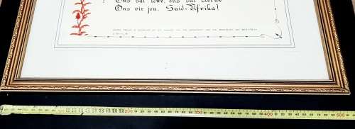 1981 South African Police (S.A.P) Embellished Credo in Afrikaans Framed 0.65 m x 0.5 m
