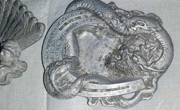 **RARE: WW1 German L33 Zeppelin Salvage Ashtrays x2 (Inscribed).**