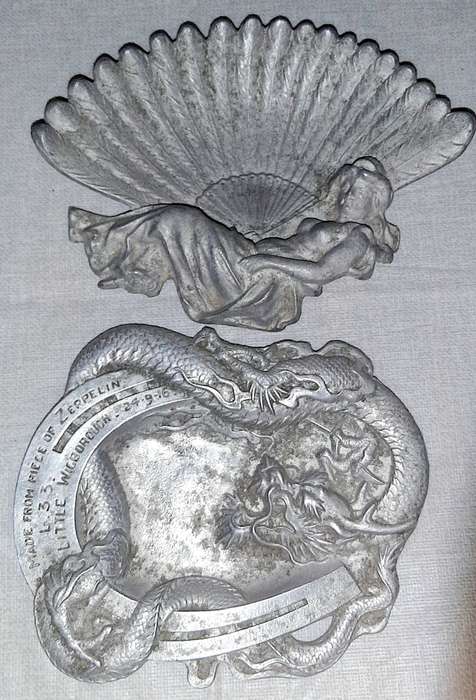 **RARE: WW1 German L33 Zeppelin Salvage Ashtrays x2 (Inscribed).**