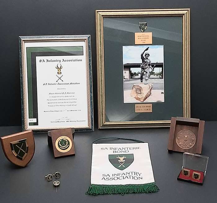 **RARE: 1980s SADF Maj-General D.J. Mortimer SA Infantry School/ Association Award Lot x 9 Pcs.**