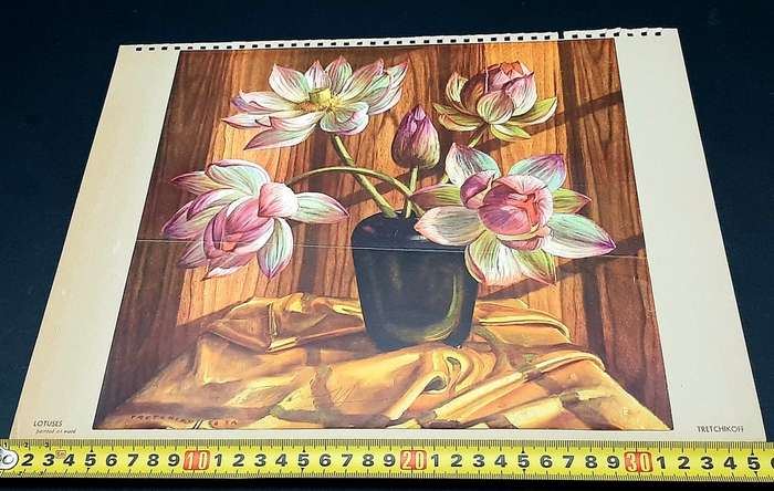 **RARE: Hand-Signed Vladimir Tretchikoff `Lotuses Painted on Wood Lithographic Print (36cm x27cm).**