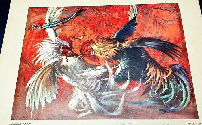 **RARE: Hand-Signed Vladimir Tretchikoff `Fighting Cocks`  Lithographic Print (36cm x27cm).**