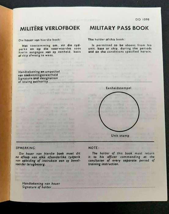 **Border War : 1980s SADF Military Pass Book (USED).**