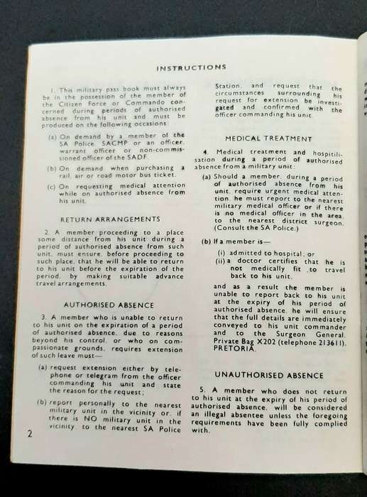 **Border War : 1980s SADF Military Pass Book (USED).**