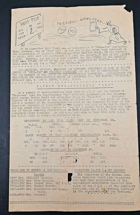 **RARE: WW2 South African `Huis Toe` Demob. Newsletter D/Sided (Sept. 1945).**
