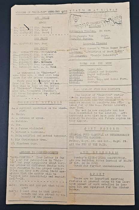 **RARE WW2 : South African Forces `Huis Toe` Demob. Newsletter D/ Sided #2 (1945).**
