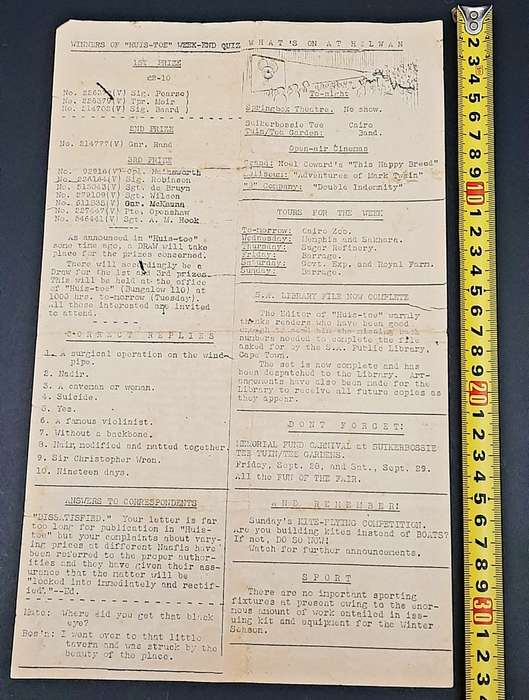**RARE WW2 : South African Forces `Huis Toe` Demob. Newsletter D/ Sided #2 (1945).**