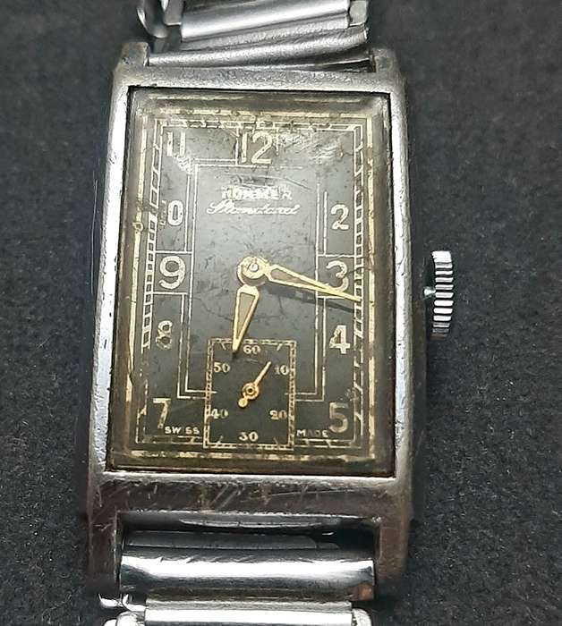 **WW2 : 1940s Roamer 'Standard ' Swiss 15 Jewel Tank Watch w/ Bonklip Bracelet ( TESTED).**