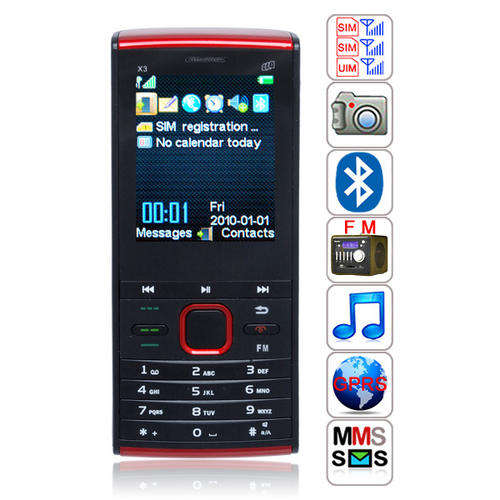 #X3 Three SIM Cards Three Standby Dual Band Bluetooth Camera 2.0-inch Screen Phone - Black/Red color
