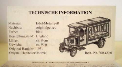 Morris Light Van 1931 Sunlicht Seife pre-owned unboxed unplayed no wear superb conditn R250 MB.DG.43