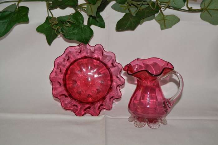 Cranberry hand blown glass jug and bowl