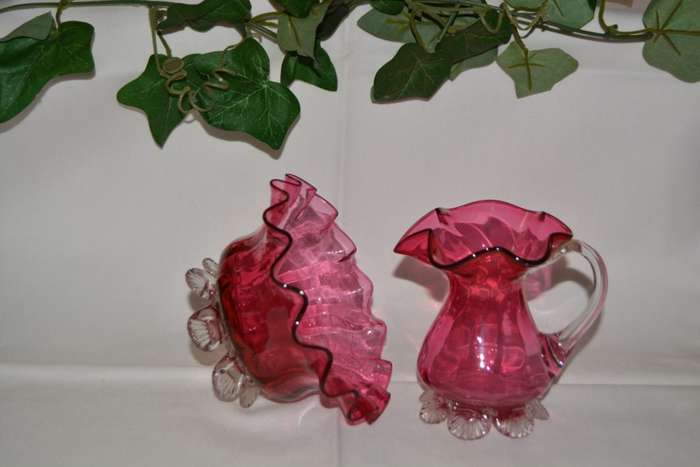 Cranberry hand blown glass jug and bowl