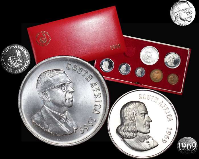 1969 : Rep. of  South Africa : Proof Coins : One Rand is UNC : in Long Box, as per Photo.