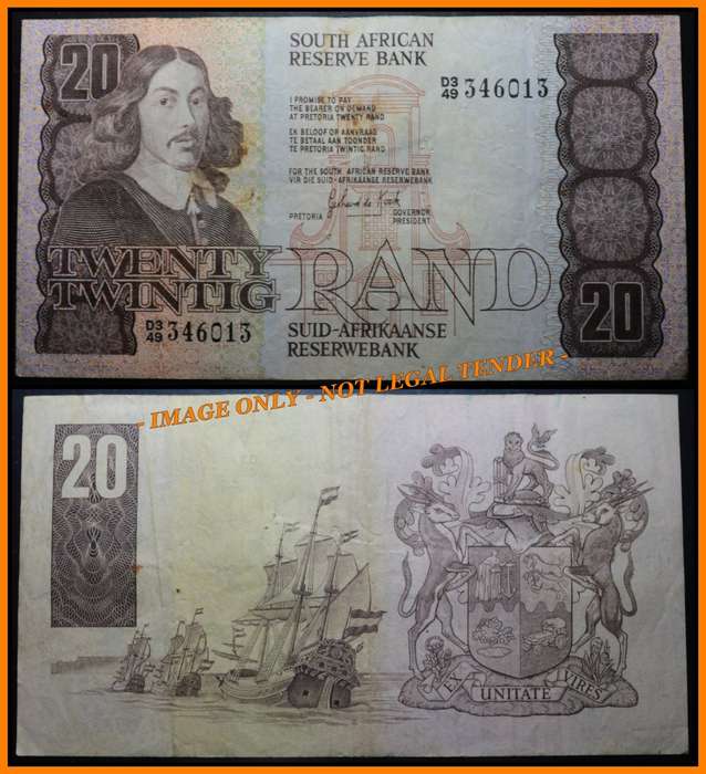 1984 S. A. Bank Note :TWENTY RAND / TWINTIG RAND  : GPC de KOCK : (THIRD ISSUE 1984) .