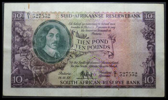 1952  S. A. Bank Note :  TIEN  POND / TEN POUNDS  : 18.12. 52. : M.H. de KOCK : THIRD & (ONLY ISSUE)