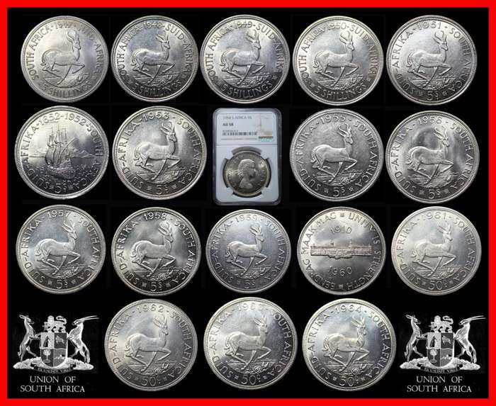 1947-1964  Union of S.A. 5 Shillings : Full Set  AUNC / UNC and 1954 GRADE NGC AU58. as per Photo.