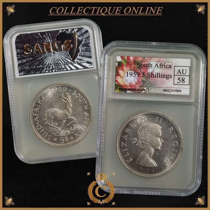 1959 : UNION S. A. : 5 SHILLINGS : COIN IN AU 58 : only minted 6.139 : GRADED by S.A.N.G.S.