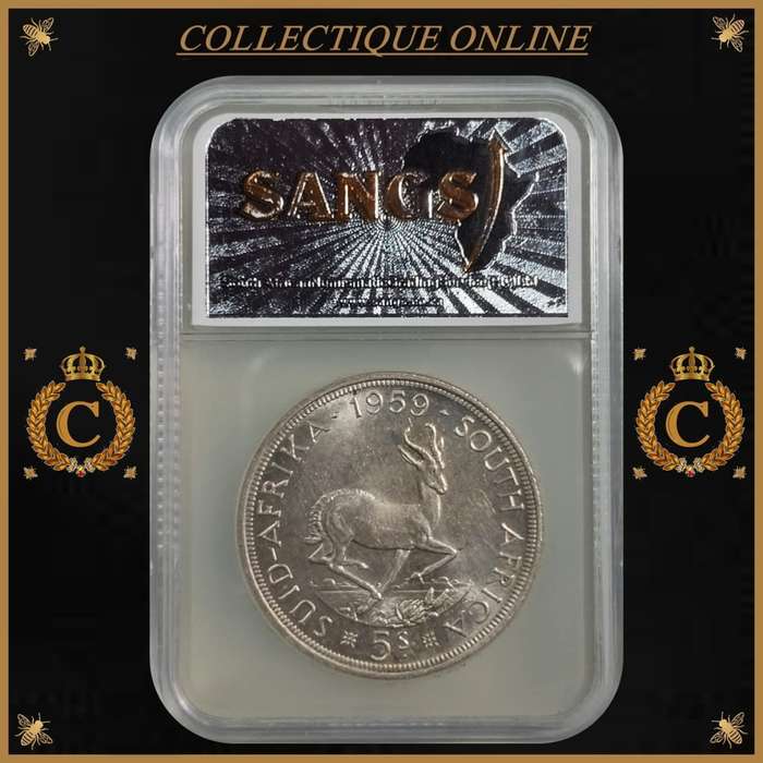 1959 : UNION S. A. : 5 SHILLINGS : COIN IN AU 58 : only minted 6.139 : GRADED by S.A.N.G.S.