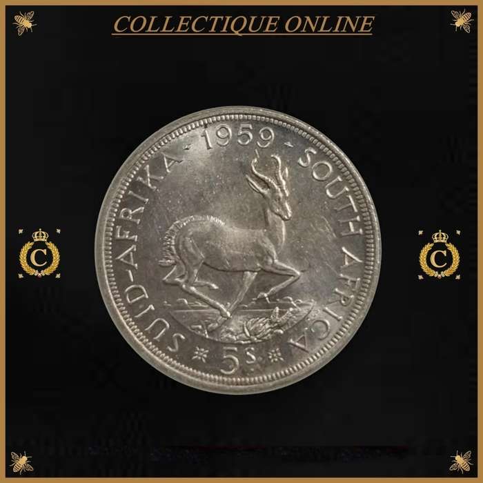 1959 : UNION S. A. : 5 SHILLINGS : COIN IN AU 58 : only minted 6.139 : GRADED by S.A.N.G.S.
