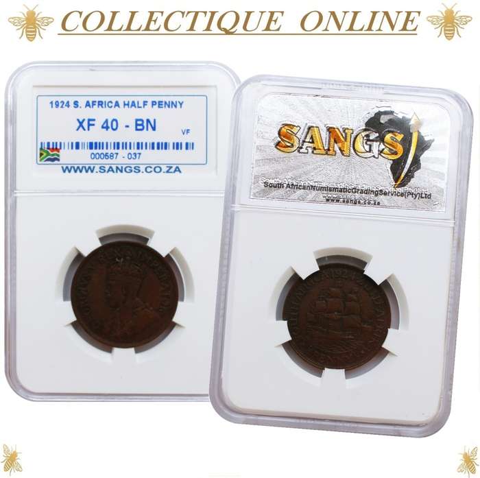 1924 : UNION S. A. : HALF PENNY : COIN IN XF 40 - BN  : Low Minted 64.165 : GRADED by S.A.N.G.S.