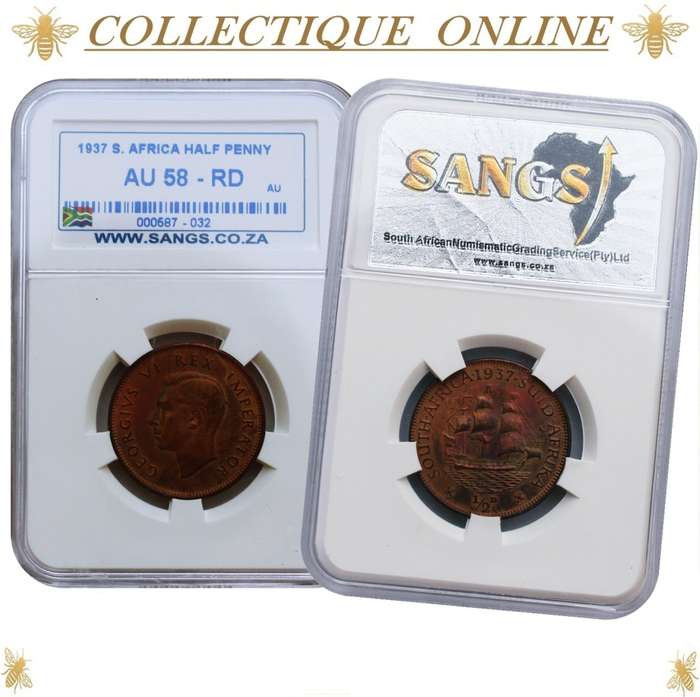 1937 : UNION S. A. : HALF PENNY : COIN IN AU 58 - RD  : Low Minted 638.256 : GRADED by S.A.N.G.S.