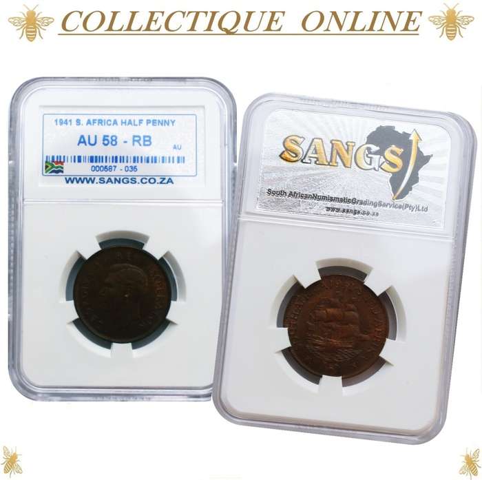 1941 : UNION S. A. : HALF PENNY : COIN IN AU 58 - RB  :  Minted 2.053.332 : GRADED by S.A.N.G.S.
