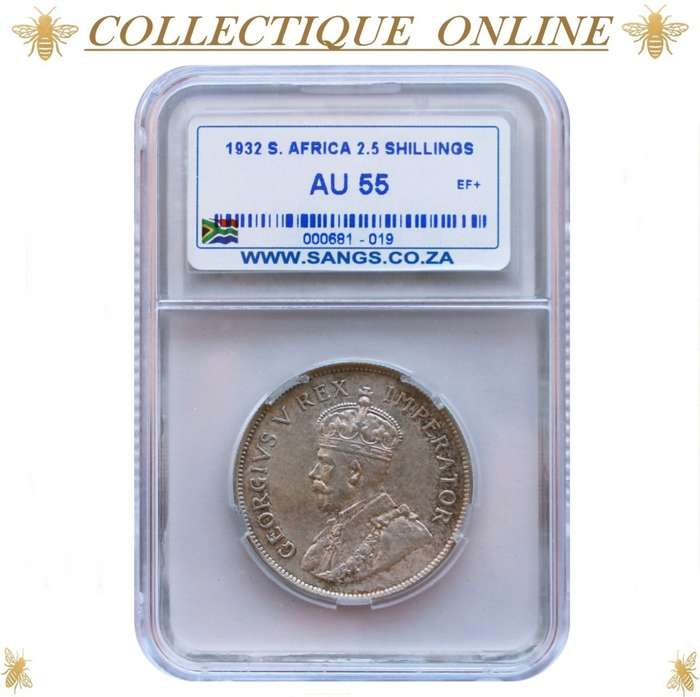 1932 : UNION S. A. : HALF CROWN : COIN IN AU 55 : ONLY Minted 1.028.616 : GRADED by S.A.N.G.S.