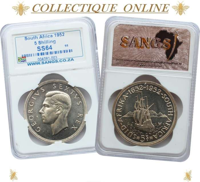 1952 : UNION S. A. : FIVE SHILLINGS : COIN IN SS 64 : Minted 12.000 : GRADED by S.A.N.G.S.