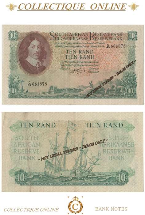 S. A. Bank Note : TEN RAND/TIEN RAND :  G. RISSIK : DATE 1962 : FIRST ISSUE.