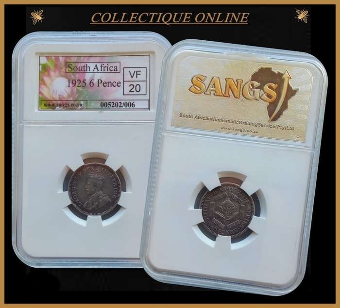 1925 : UNION S. A : 6 PENCE : RARE IN HIGH GRADE  VERY LOW Minted 79.231 : GRADED by S.A.N.G.S.